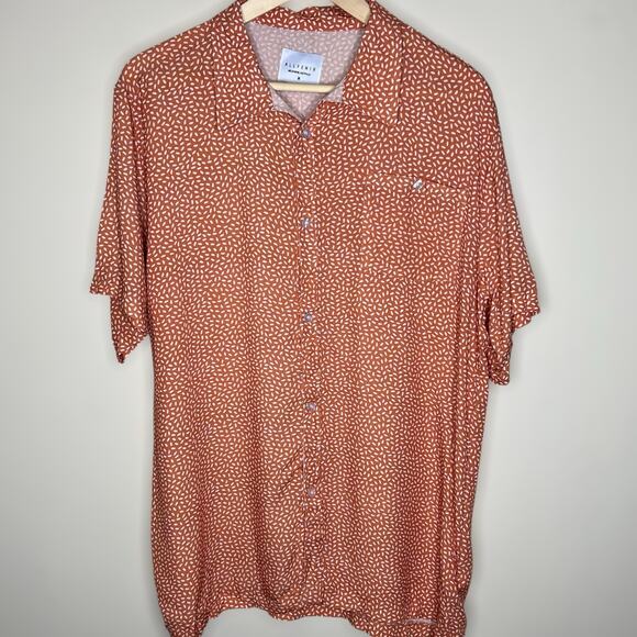 Allfenix Button Up Shirt Medium Mens Orange Earth Montana Cabana Rayon Spotted - Picture 1 of 9